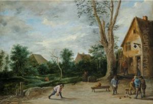Village Scene With Four Peasants
 Playing Bowls Before A Tavern Two Cottages 
Beyond by David The Younger Teniers