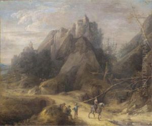 A Mountainous Wooded Landscape With A Cavalier And Other Figures In The Foreground