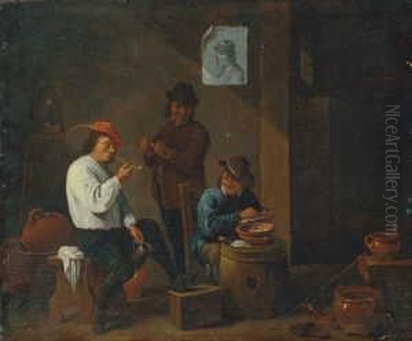 Werkstatt Interieur Mit Drei Mannern In Der Schanke. Ol Auf Leinwand. H 35,5; B 42,5 Cm - view 1