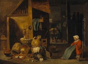An Interior Scene With Figures By A Fire And A Lady Seated In The Foreground An Interior Scene With Figures By A Fire And A Lady Seated In The Foreground