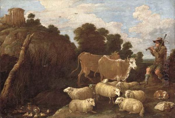 A River Landscape With A 
Herdsman Playing A Pipe With Classical Ruins On A Hilltop Beyond - view 1