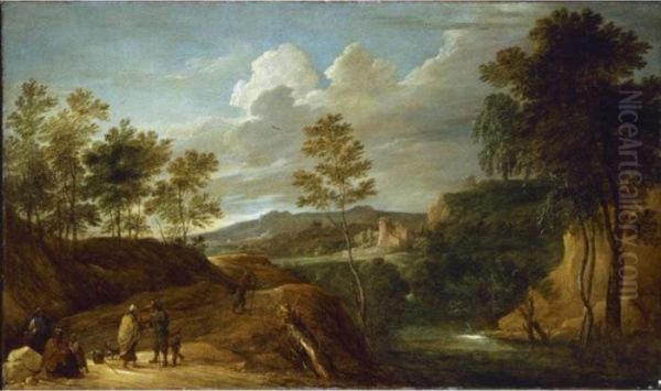 A Hilly Landscape With Gypsies And A Fortune Teller On A Rocky Road - view 1