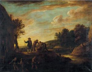 An Extensive Landscape With Fishermen In A River And Others Salting Fish On The Bank An Extensive Landscape With Fishermen In A River And Others Salting Fish On The Bank