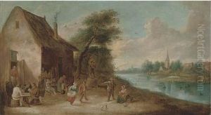 A River Landscape With Peasants Drinking And Merrymaking Outisde A Tavern