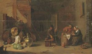 Amorous Peasants Eating Oysters And Another Peasant Smoking A Pipe In A Barn