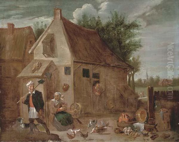 Peasants In A Farmyard With Chickens And A Cockeral - view 1