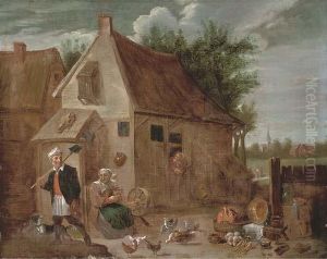 Peasants In A Farmyard With Chickens And A Cockeral by David The Younger Teniers