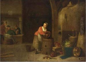 An Interior Of An Inn With A 
Maid Cleaning Pots, A Still Life With Pots, Pans And Cabbages In The 
Foreground, Peasants Drinking In The Background