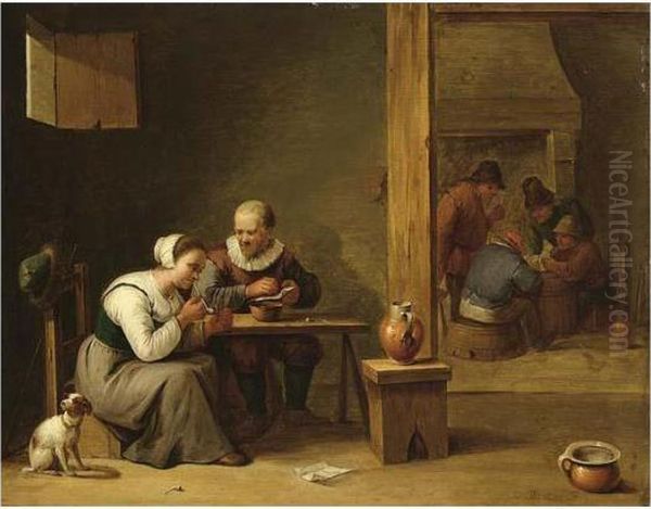 A Couple Smoking In An Inn,
Other Peasants Playing Cards In The Background Near A Fireplace - view 1