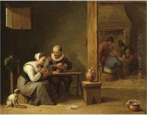 A Couple Smoking In An Inn,
Other Peasants Playing Cards In The Background Near A Fireplace by David The Younger Teniers