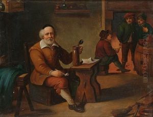 Topers In A Tavern Interior; A Game Of Draughts