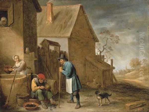 A Peasant Eating Mussels At A 
Farm, With A Woman At A Well And Aman With His Dog, A Landscape With A 
Church Beyond - view 1