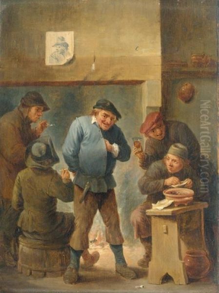 A Tavern Interior With Boors Smoking And Drinking 

 Before A Fireplace - view 1