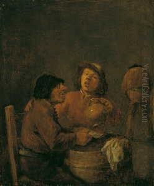 Werkstatt Trinkende Bauern. Ol Auf Holz. H 22; B 18 Cm - view 1