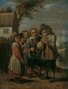 In Der Art Vier Mit Einer 
Schweinsblase Spielende Kinder. Ol Auf Kupfer. H 14; B 11,5 Cm. Verso 
Ein Klebezettel Mit Hinweis Auf Das Bei Smith, Catalogue Raisonne..., 
Part Iii, Als Nr. 581 Aufgefuhrte Gemalde, Zu by David The Younger Teniers