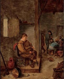 Interior Of An Inn With Peasants Drinking And Three Pigs