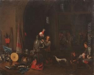 The Interior Of A Guardroom With Militiament And Boors Playing Cards