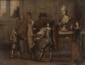 Elegant Figures Conversing Before A Stature In An Interior