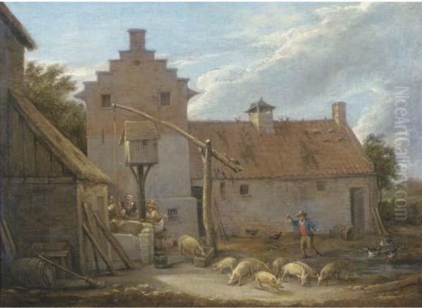 A Farmyard With Pigs And Ducks By A Pool, With Peasants At A Nearbywell - view 1