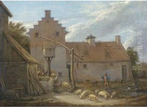 A Farmyard With Pigs And Ducks By A Pool, With Peasants At A Nearbywell