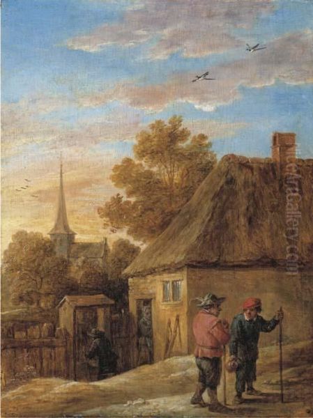 Peasants Conversing By A House With A Church Beyond - view 1