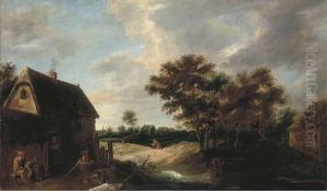 A Wooded Village Landscape With A Peasant Resting Outside Afarmhouse