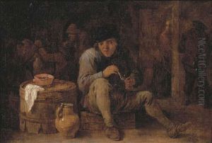 A Seated Peasant Smoking In An Interior, Other Figures In Thebackground