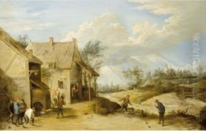 A Village Scene With Peasants Bowling Outside An Inn, A View Of A Church Beyond by David The Younger Teniers