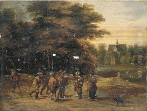 Soldiers With Pilgrims In A Wooded Landscape Near A Church - view 1