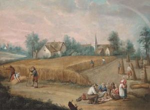 Skittle Players In A Village; And Peasants Harvesting Wheat Andeating
