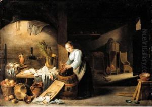A Kitchen Interior With A 
Servant Woman Washing A Pot, Some Fish And Fowl On The Table Nearby
