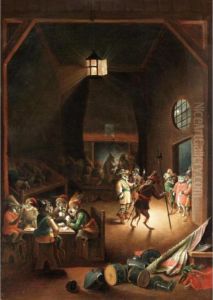 Nocturnal Singerie Scene With Monkeys Dressed As Soldiers, Holding A Cat Prisoner