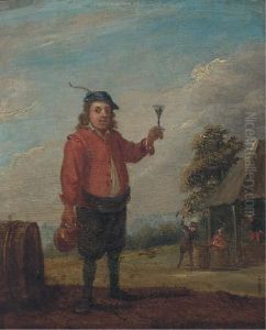 A Peasant Holding A Jug And A Roemer Of Wine Near An Inn