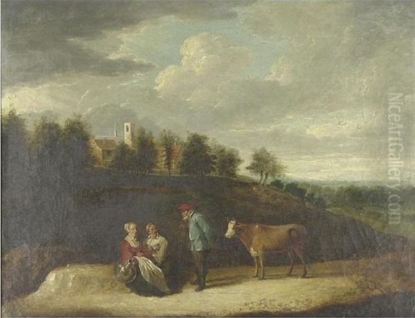 A Farmer With His Cow And Two
Peasant Women On A Country Path With A Church And Village Beyond - view 1