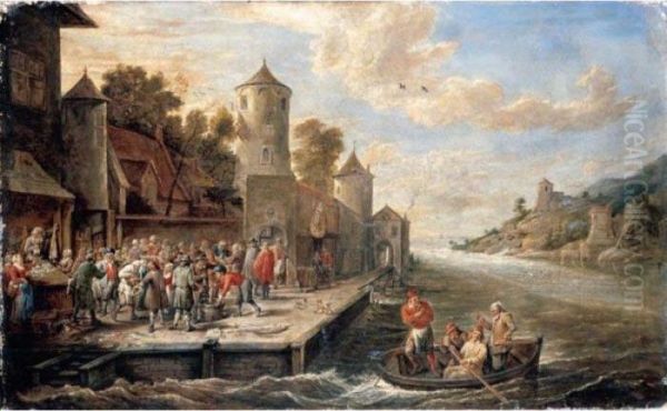 A Coastal Landscape With A
Crowded Fish Market, Figures In A Rowing Boat In The Lower Right
Foreground - view 1
