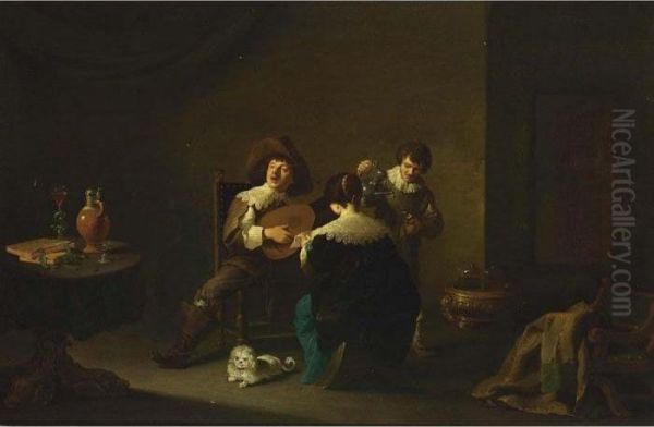 An Interior With A Gentleman
Playing A Lute And A Lady Singing, Together With A Servant Pouring Wine
Nearby, And A White Dog In The Foreground - view 1