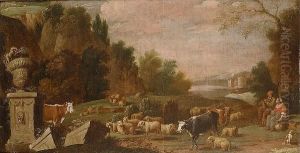 A Rocky Landscape With Drovers Watching Over Sheep And Cattle With Ruins Nearby