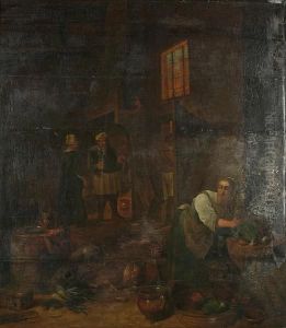 Kitchen Interior With A Woman Peeling Vegetables