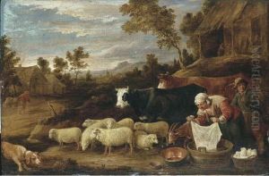 A Pastoral Landscape With A Washerwoman And A Herdsman With Cattleand Sheep