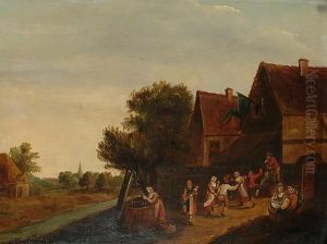 Peasants Dancing Before An Inn With A Woman Drawing Water From A Well Nearby by David The Younger Teniers