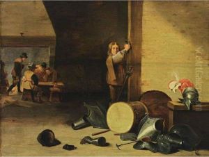 An Interior With A Soldier 
Laying Off His Sword And Figuresdrinking, Smoking And Playing Dice Near A
 Fire Place, With A Stilllife Of Soldiers Garments