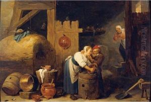 Interior Scene With A Young Woman Scrubbing Pots While An Old Man Makes Advances by David The Younger Teniers