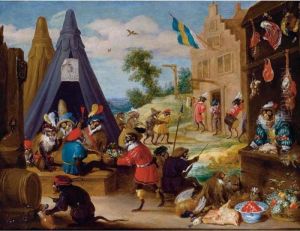 A Festival Of Monkeys (monkeys Dressed As Soldiers In An Encampment Near A Town) by David The Younger Teniers