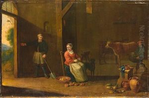 A Lady Seated In An Interior 
Peeling Vegetables, With A Peasant Standing At The Doorway, Earthenware 
Pots In The Foreground And Cattle Beyond