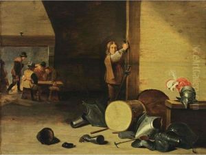 An Interior With A Soldier 
Laying Off His Sword And Figures Drinking, Smoking And Playing Dice Near
 A Fire Place, With A Still Life Of Soldiers Garments