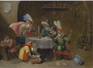 A Tavern Interior With Monkeys Drinking And Smoking by David The Younger Teniers