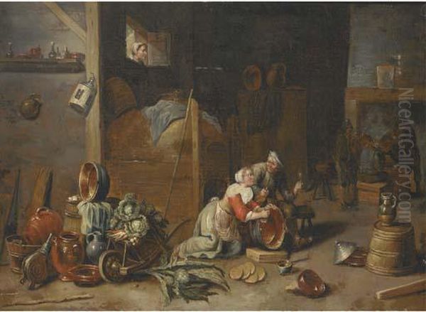 An Interior With A Maid
Scourging A Pan And Talking To A Boor, With Other Peasants Smoking And
Drinking Beyond - view 1