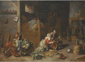 An Interior With A Maid 
Scourging A Pan And Talking To A Boor, With Other Peasants Smoking And 
Drinking Beyond