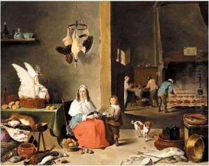 A Kitchen Interior With A Woman Peeling Fruit And Figures Cooking Over A Fire Beyond by David The Younger Teniers
