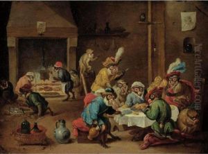 Interior With Monkeys Seated Around A Table, Others In The Background by David The Younger Teniers